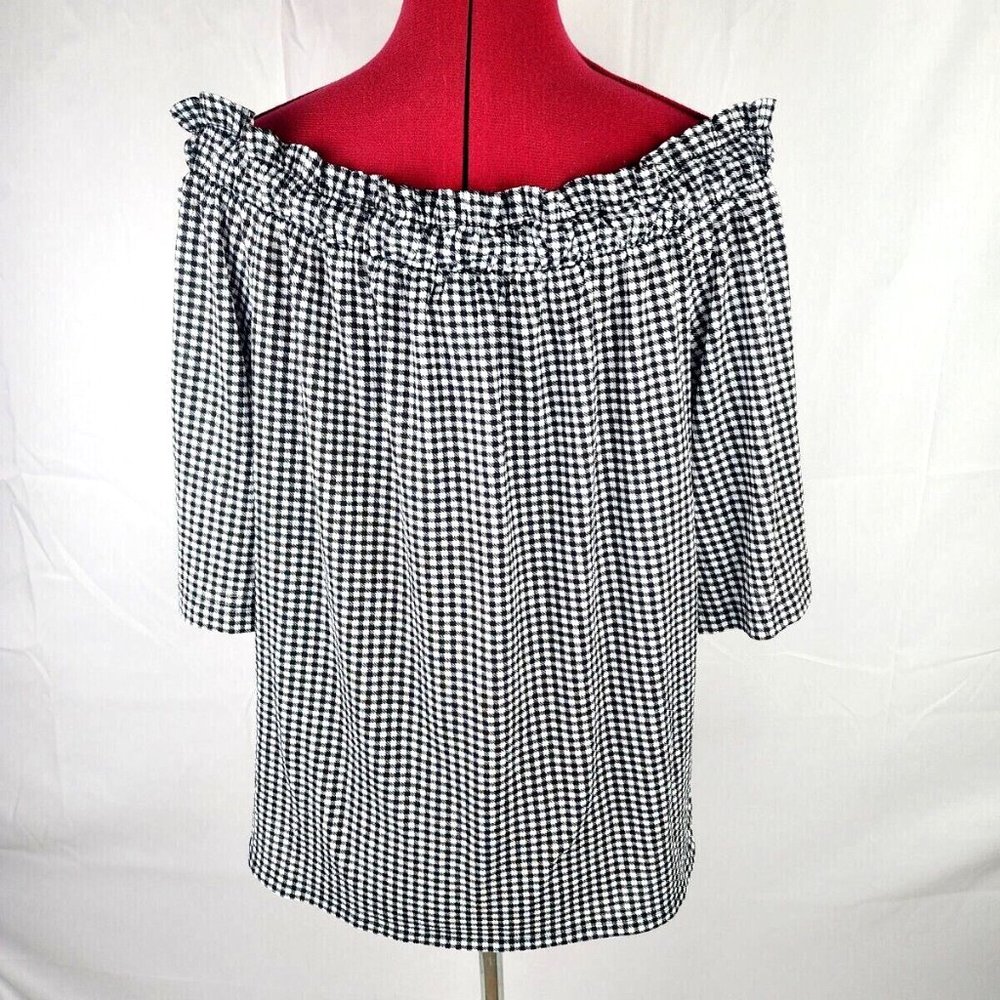 ELLE Brand Black & White Checkered Off Shoulder Stretchy Top - M - Picture 5 of 7